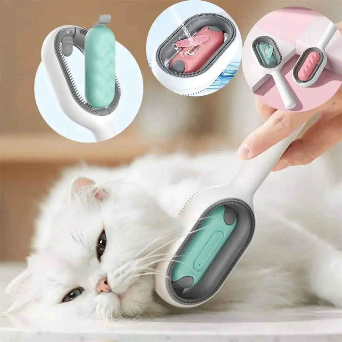 4-in-1 cat grooming brush with water tank, ABS teeth and silicone pad, blue or pink, 190mm