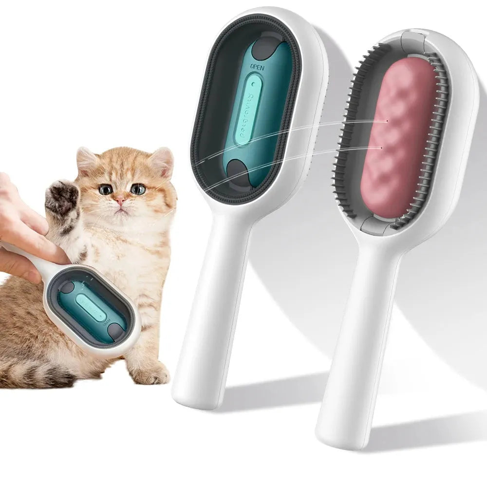 4-in-1 cat grooming brush with water tank, ABS teeth and silicone pad, blue or pink, 190mm