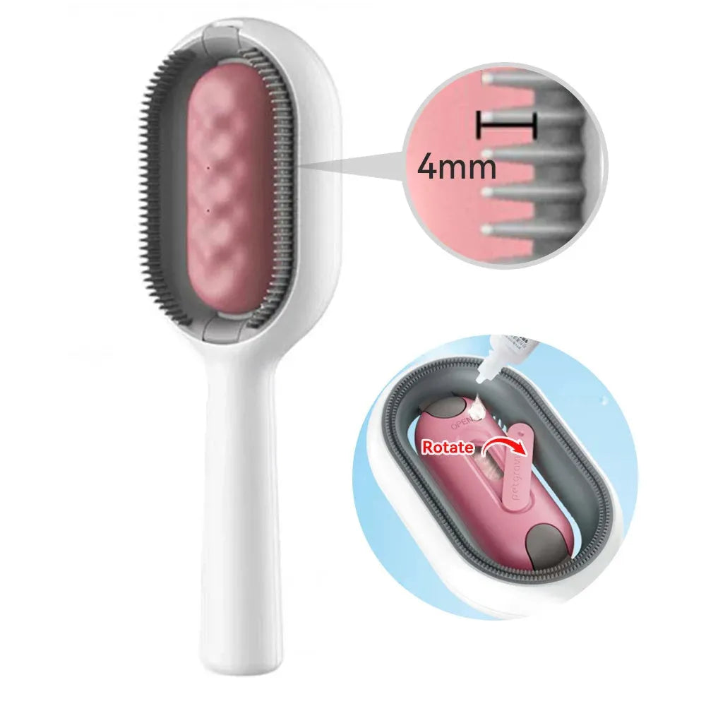 4-in-1 cat grooming brush with water tank, ABS teeth and silicone pad, blue or pink, 190mm