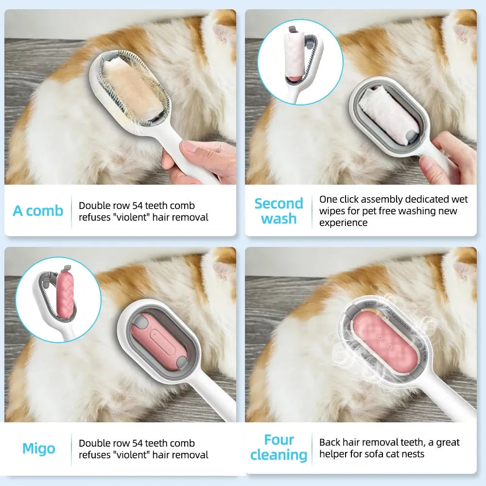 4-in-1 cat grooming brush with water tank, ABS teeth and silicone pad, blue or pink, 190mm