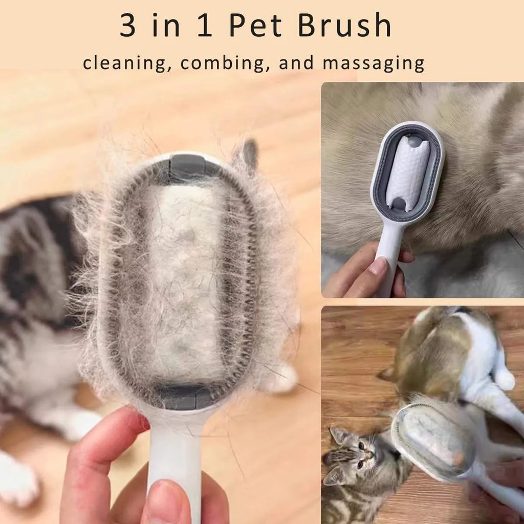 4-in-1 cat grooming brush with water tank, ABS teeth and silicone pad, blue or pink, 190mm