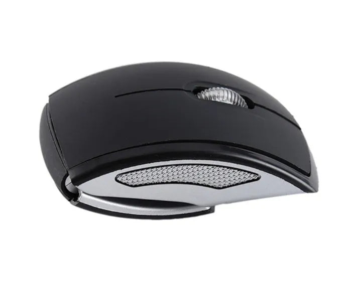 Wireless foldable mouse in black with compact design, 2.4GHz receiver, and 1600CPI optical sensor