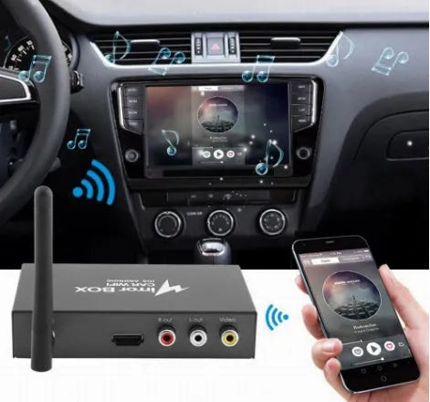 Black Car Mirror Link Box Wi-Fi AV converter kit with host unit, power cable, antenna, and AV cable
