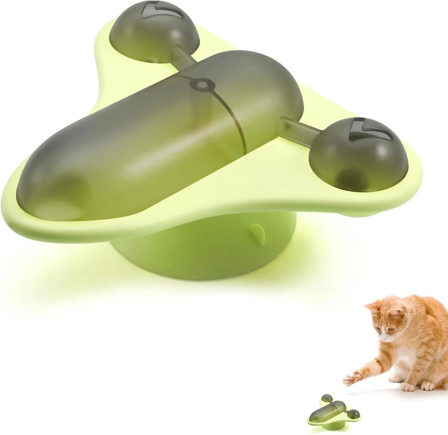 Blue interactive pet puzzle toy with snack cabin, bell, and catnip on a smooth floor.