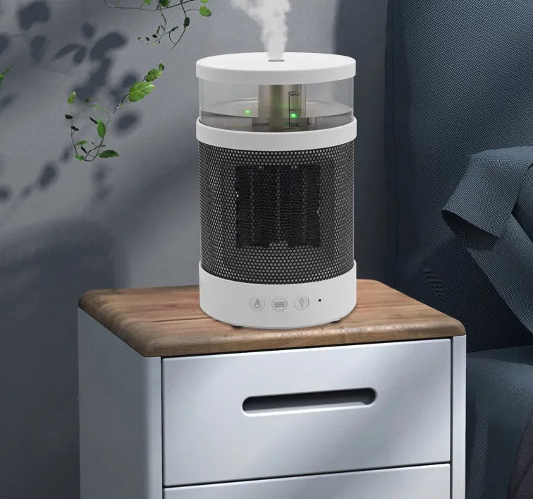 White 3-in-1 space heater with humidifier and night light on a desk