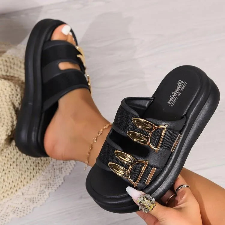 Women's thick bottom slippers in apricot, black and off white colours with suede upper