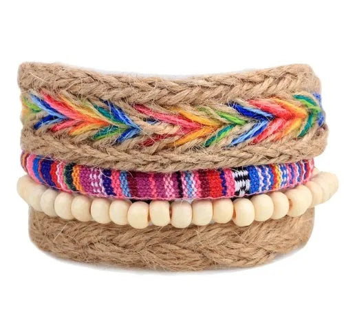 Handwoven adjustable leather bracelet with multilayer wooden beads and rope for a vintage punk style.