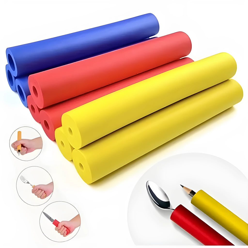 Rubber auxiliary grip hoses in a pack, showing inner diameters of 10mm and 18mm for pens and tableware.