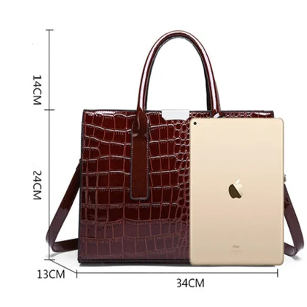 Women's diagonal cross body PU bag, 25x29x10cm stone tote in black with crocodile pattern