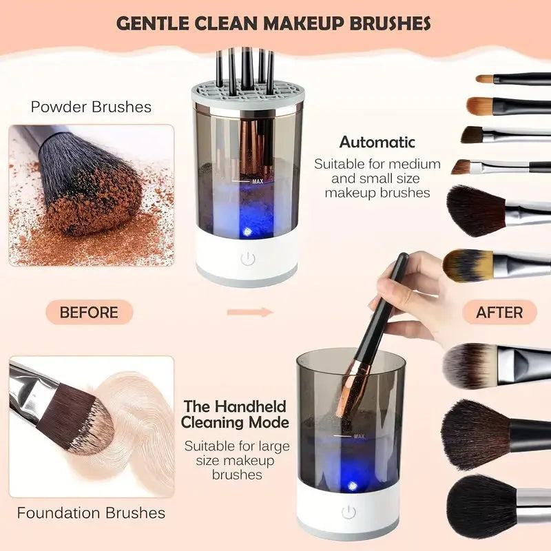 Automatic rotating makeup brush cleaner in grey or white, 16 x 9cm, with USB power cord and one-key control switch.