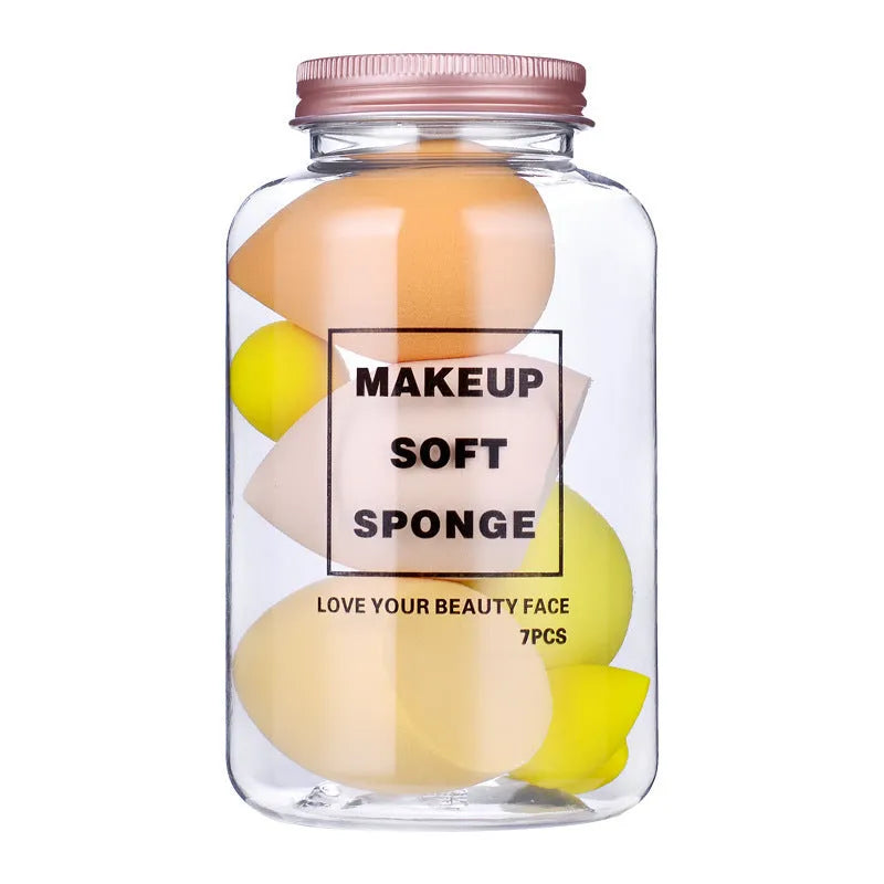 Drift Bottle boxed beauty egg 7 cans powder-free water-soft makeup sponges in taro purple, strawberry pink, mango yellow, and avocado green
