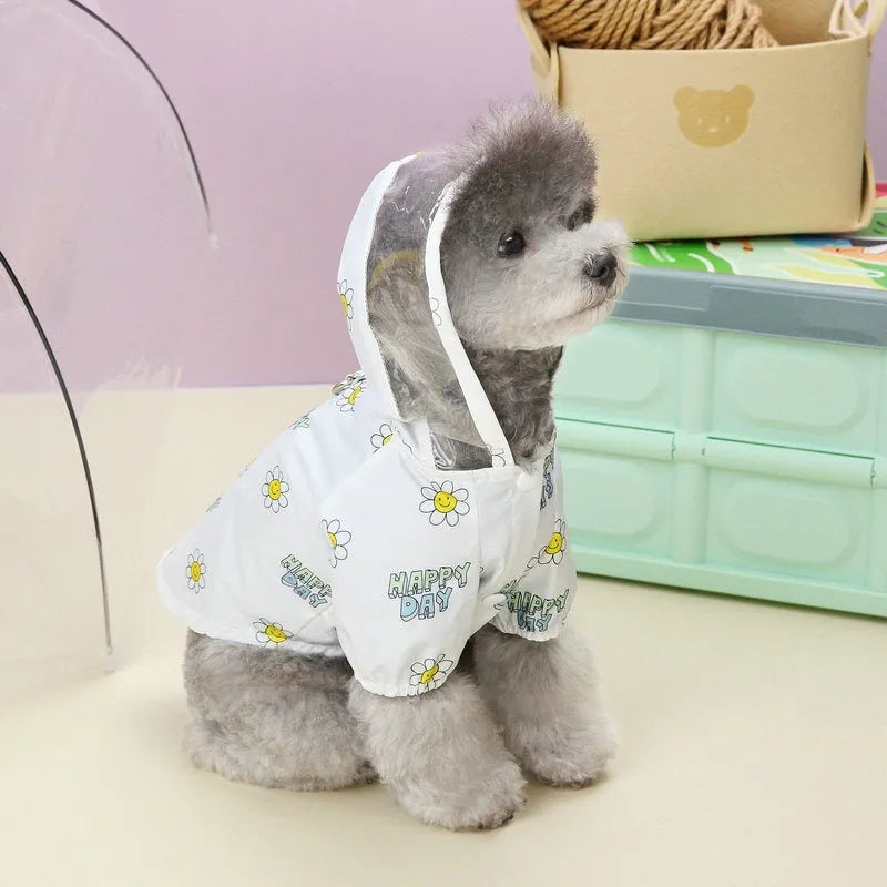 Transparent dog raincoat with pull ring traction in orange floral pattern