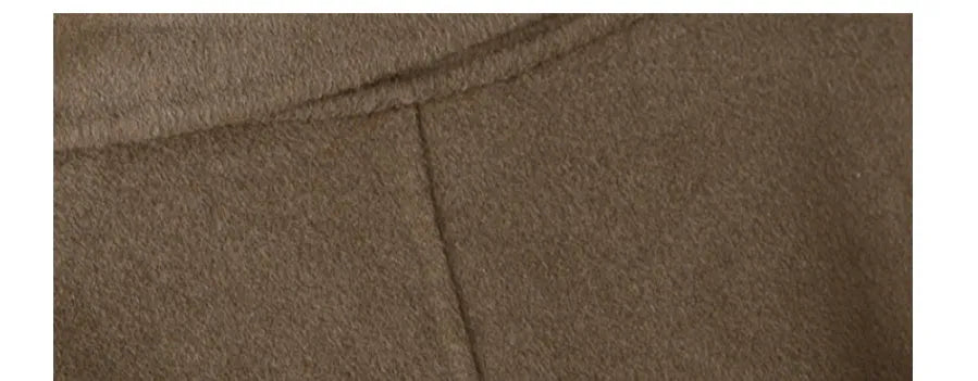 Long wool coat with suit collar in black and caramel colours showing front and back views
