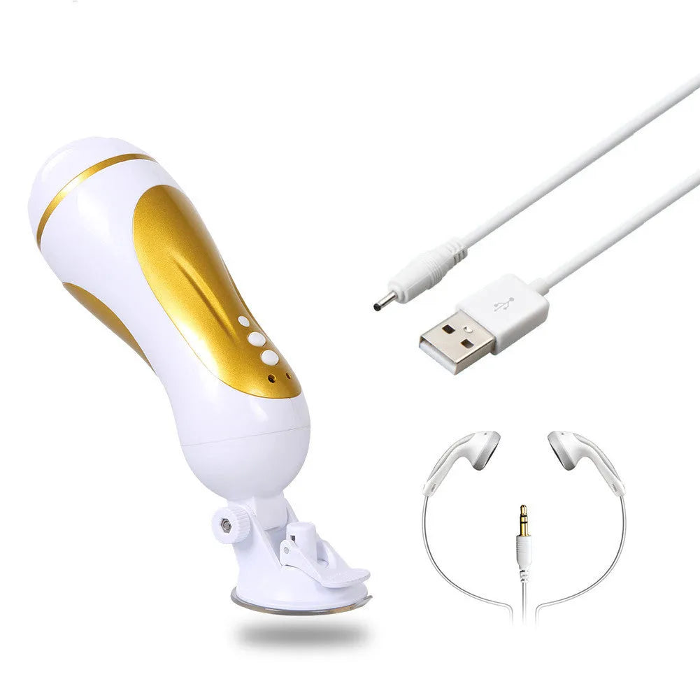 White Hieha electric masturbator with hands-free voice function and USB rechargeable power