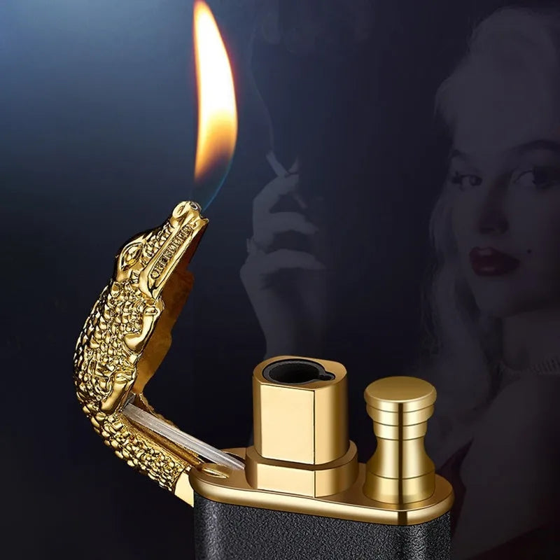 Creative blue flame lighter with windproof double fire and novelty dragon design, metal body