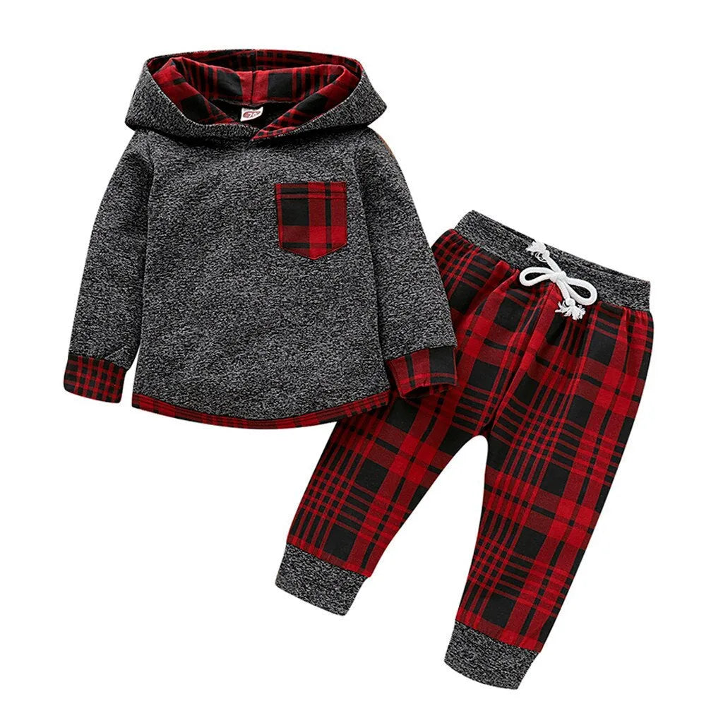 Baby long sleeve plaid sweater set in cotton blend, shown in grey and red, sizes 70cm to 110cm
