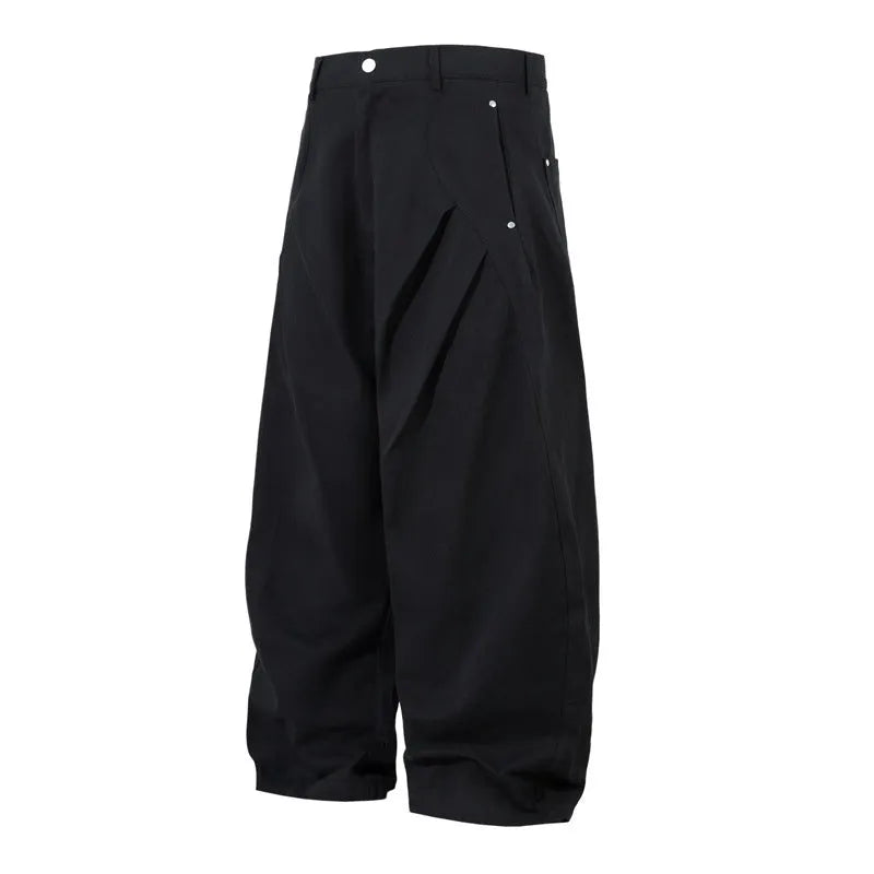 Black men's casual trousers with pleated machete design and wide-leg cut