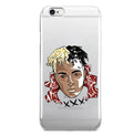 Half-wrapped transparent iPhone case with matte XXTentacion pattern on a phone.