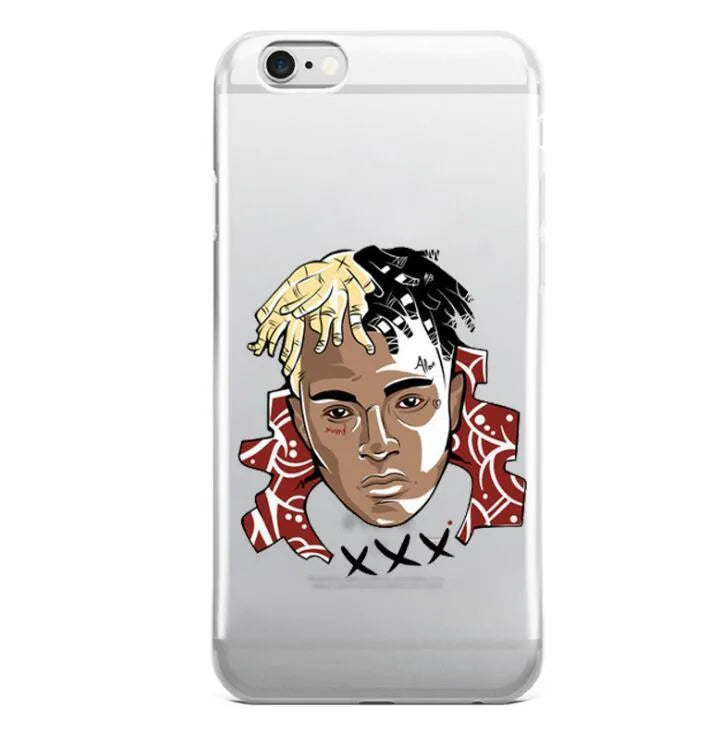 Half-wrapped transparent iPhone case with matte XXTentacion pattern on a phone.