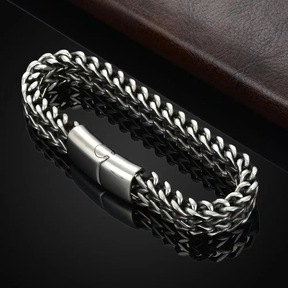 Silver geometric men's stainless steel bracelet shown front and back, available in multiple lengths.