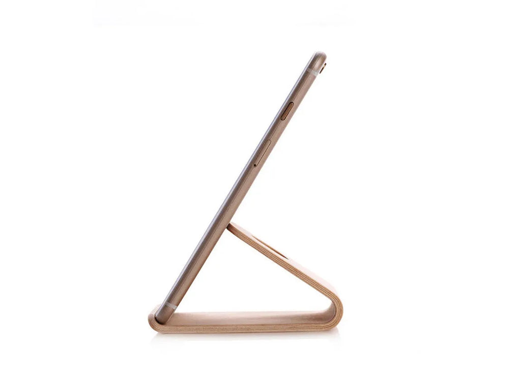 Wooden iPhone charging stand in walnut and white maple finishes