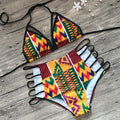 Women's high-waist digital print bikini swimsuit set with quick-drying fabric.