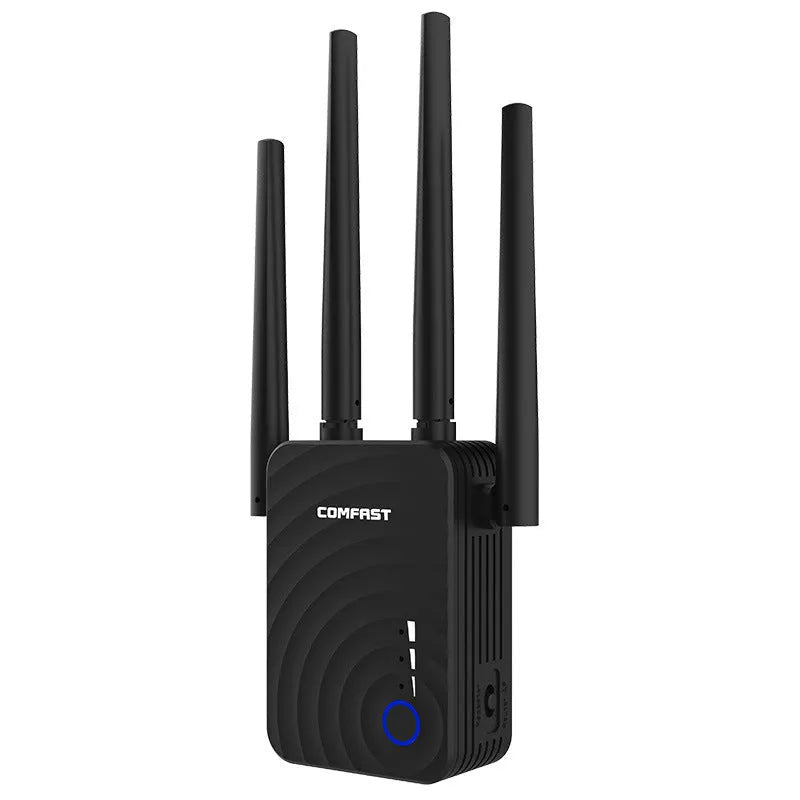 Dual-band AC1200 wireless relay router with four 3dBi antennas, four RJ-45 ports, black or white