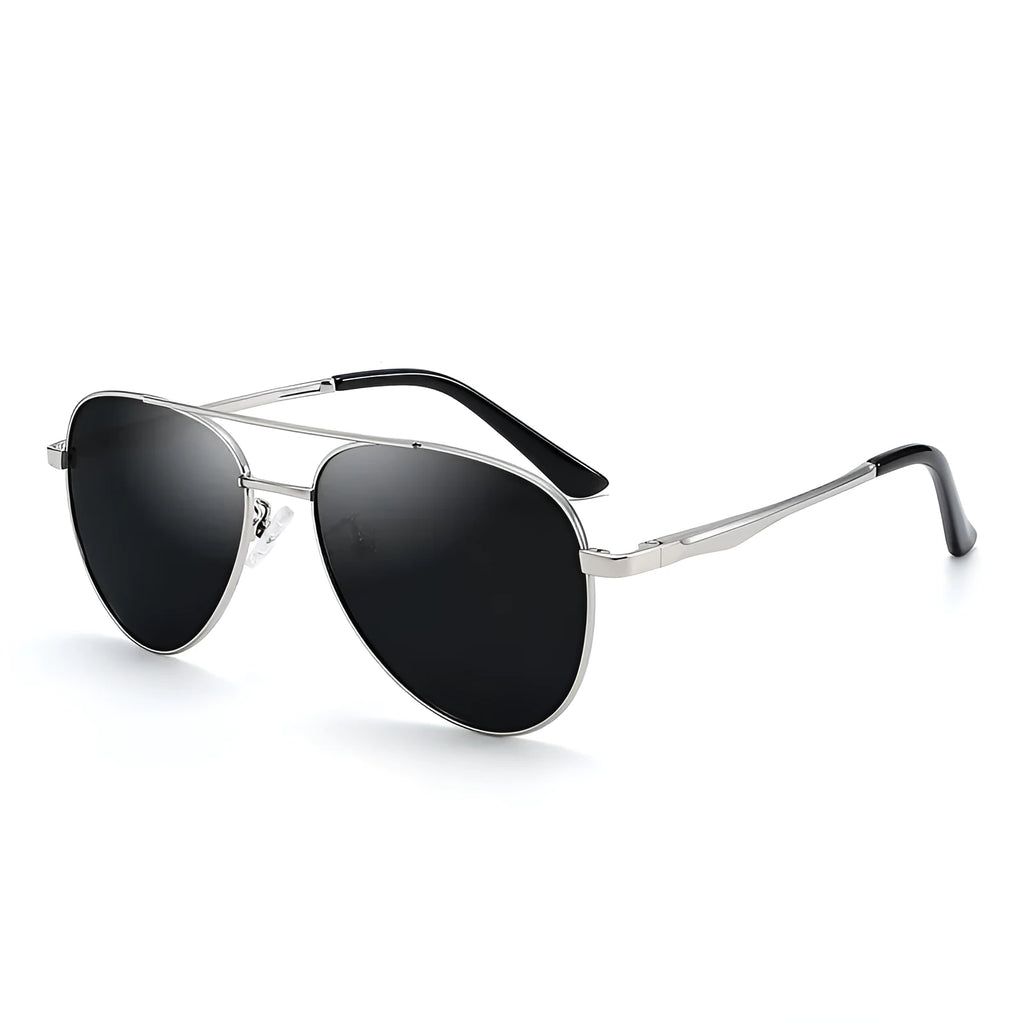 Retro classic vintage sunglasses with gold frame and black grey TAC polarised lenses on a white background