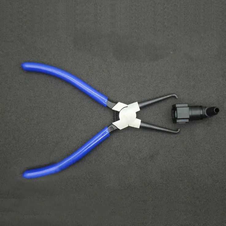 Iron caliper tubing pliers with rubber-coated handles, shown in two sizes for fuel line maintenance.