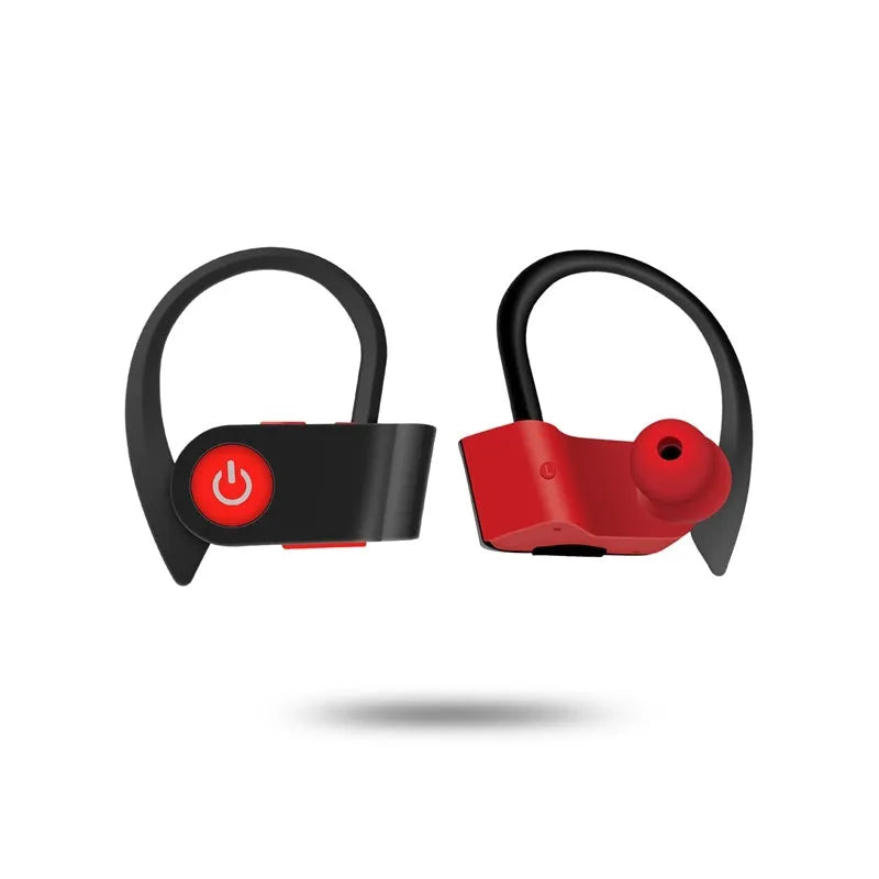 Black wireless V5.0 Bluetooth earphones with ergonomic silicone earpieces and charging case.