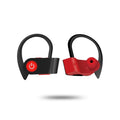 Black wireless V5.0 Bluetooth earphones with ergonomic silicone earpieces and charging case.