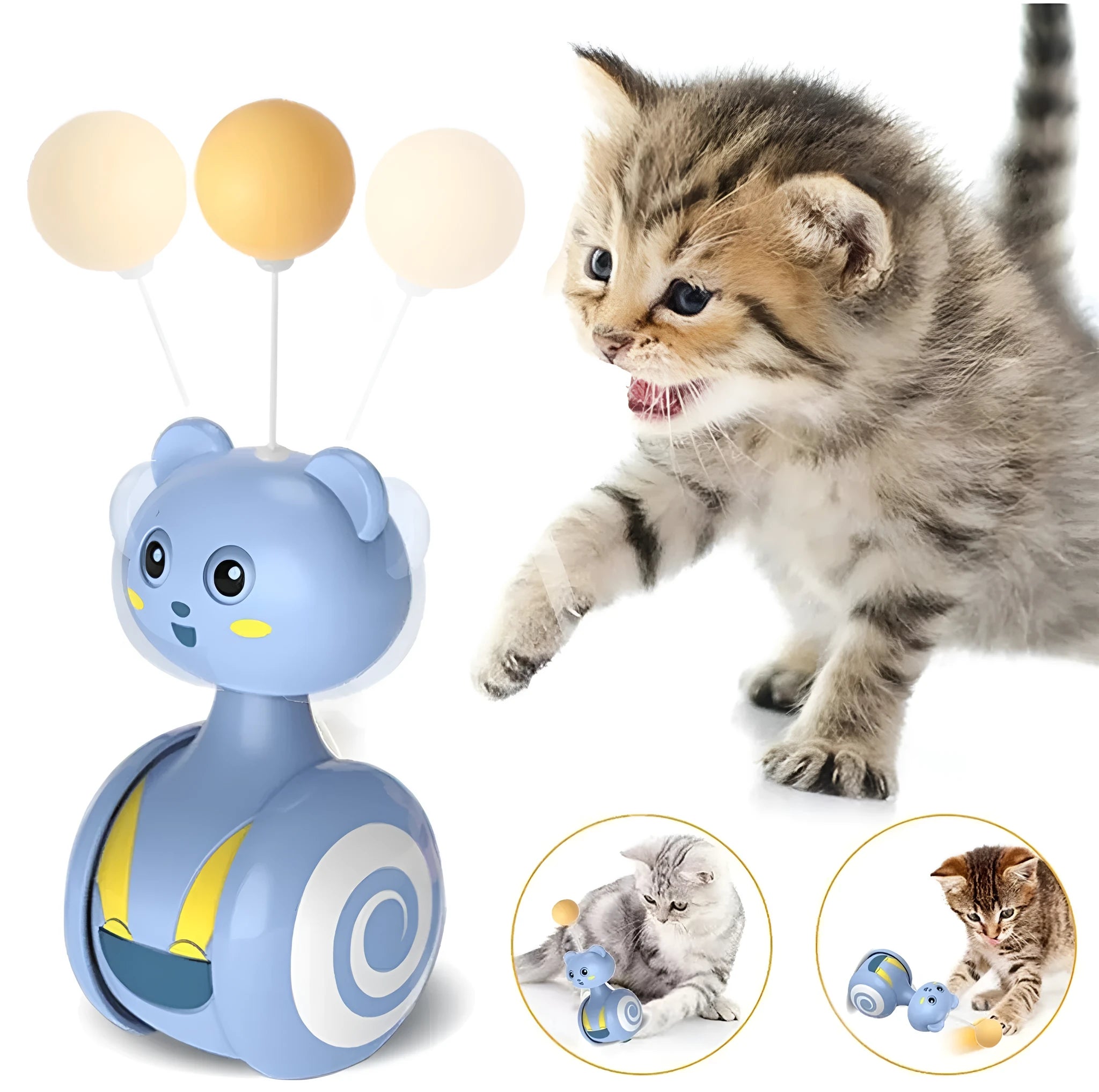 Interactive cat toy with rotating feather wand on blue plastic base for feline play