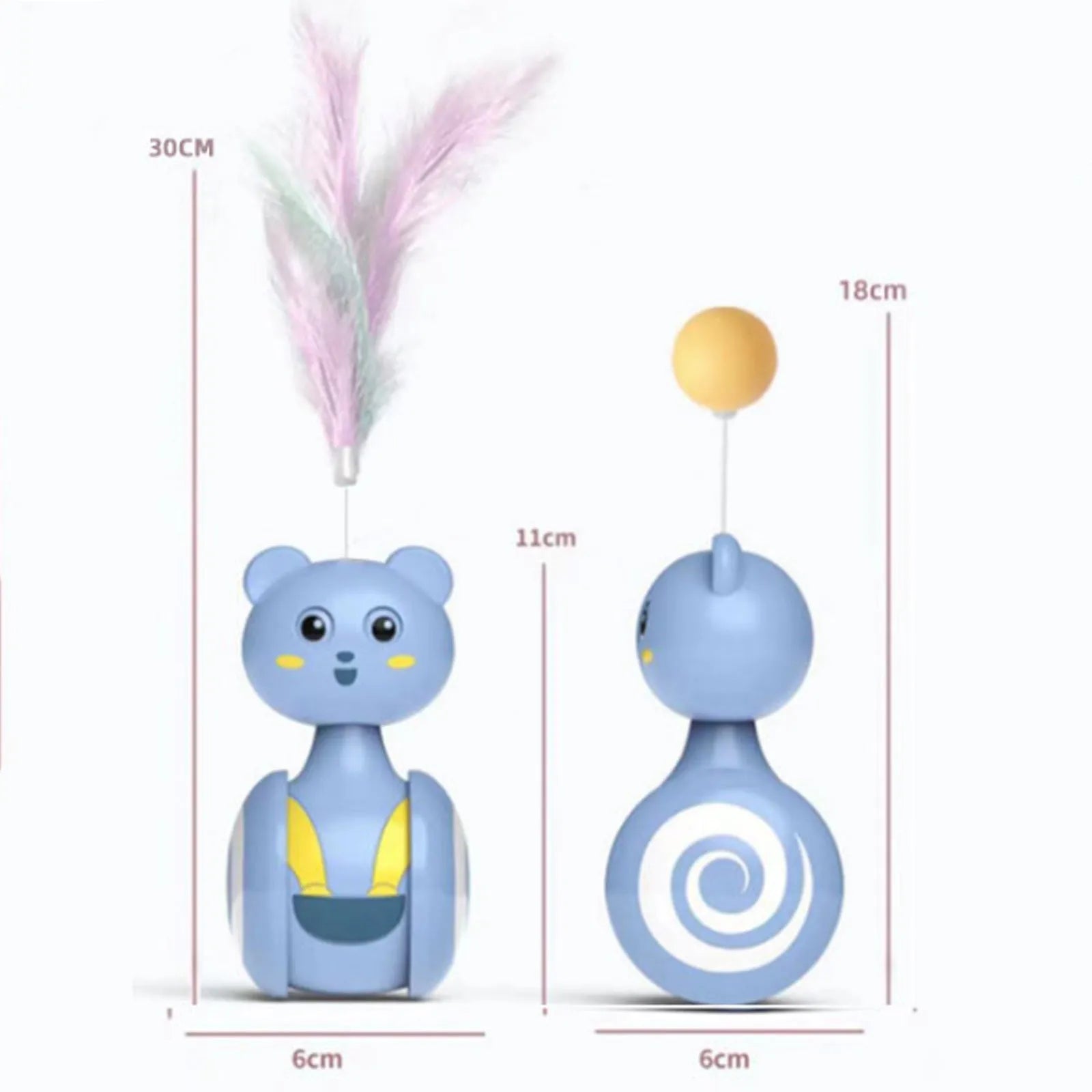 Interactive cat toy with rotating feather wand on blue plastic base for feline play