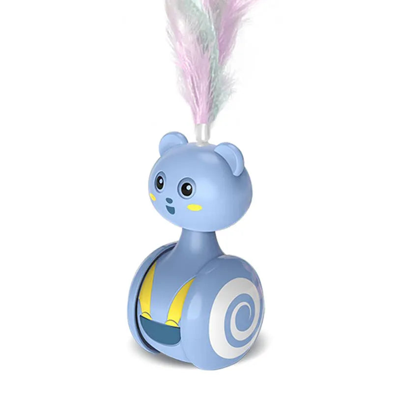Interactive cat toy with rotating feather wand on blue plastic base for feline play