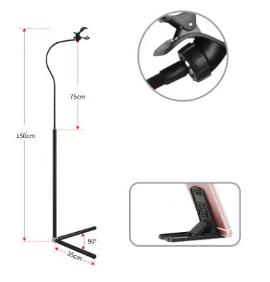 Adjustable bed mobile phone holder with universal clamp in black and white colour options