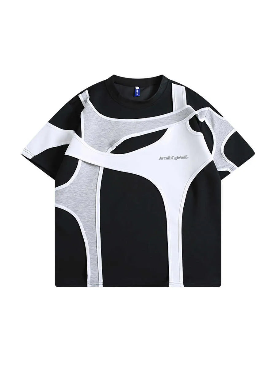 Black loose fit t-shirt with double-layer stitching and padded shoulders on a white background
