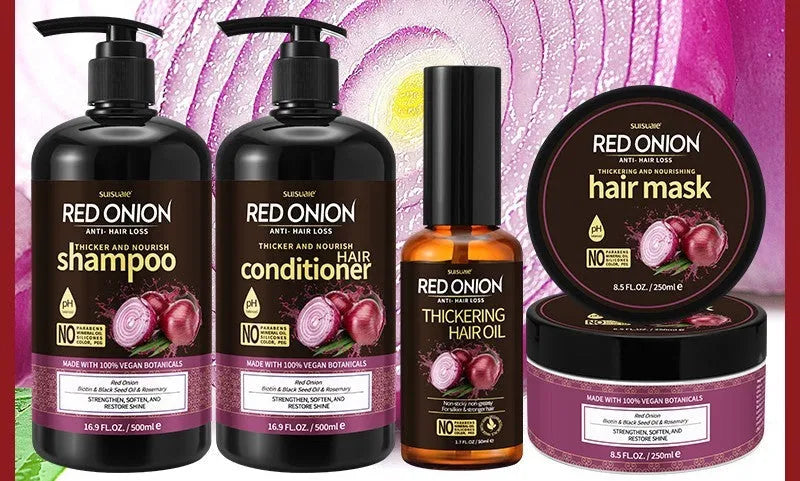 Red onion shampoo and conditioner 4-piece set with hair mask and essential oil bottles