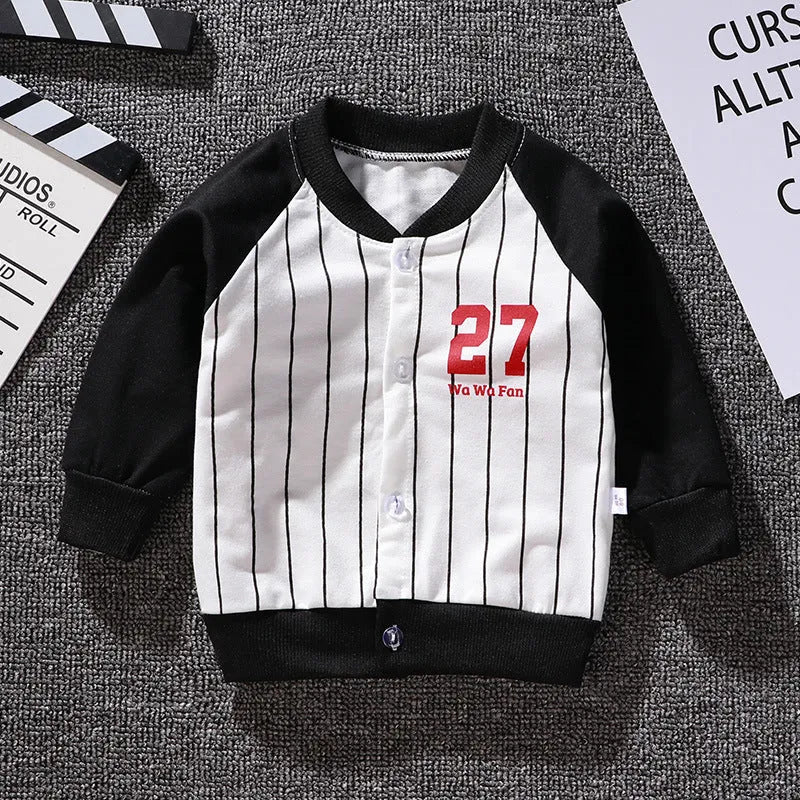 Boys and girls Korean baseball casual jacket with V-neck and cartoon prints in beige on white background