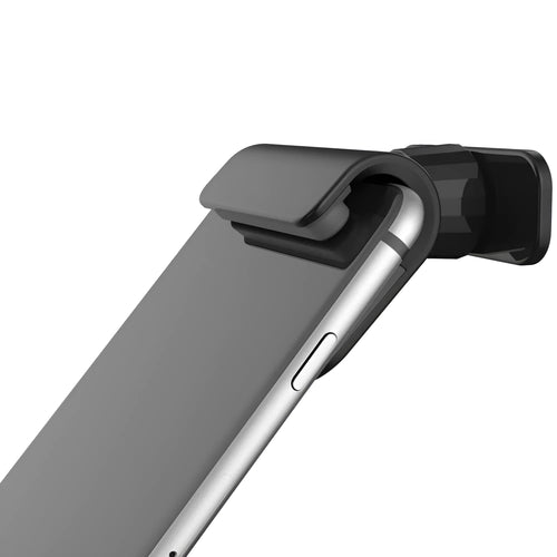 Black 360-degree rotating car phone holder mounted on a car air vent, holding a mobile phone.