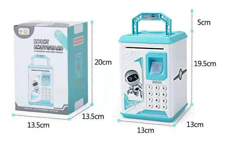 Blue plastic electronic piggy bank with fingerprint scanner and ATM keypad, 13cm height