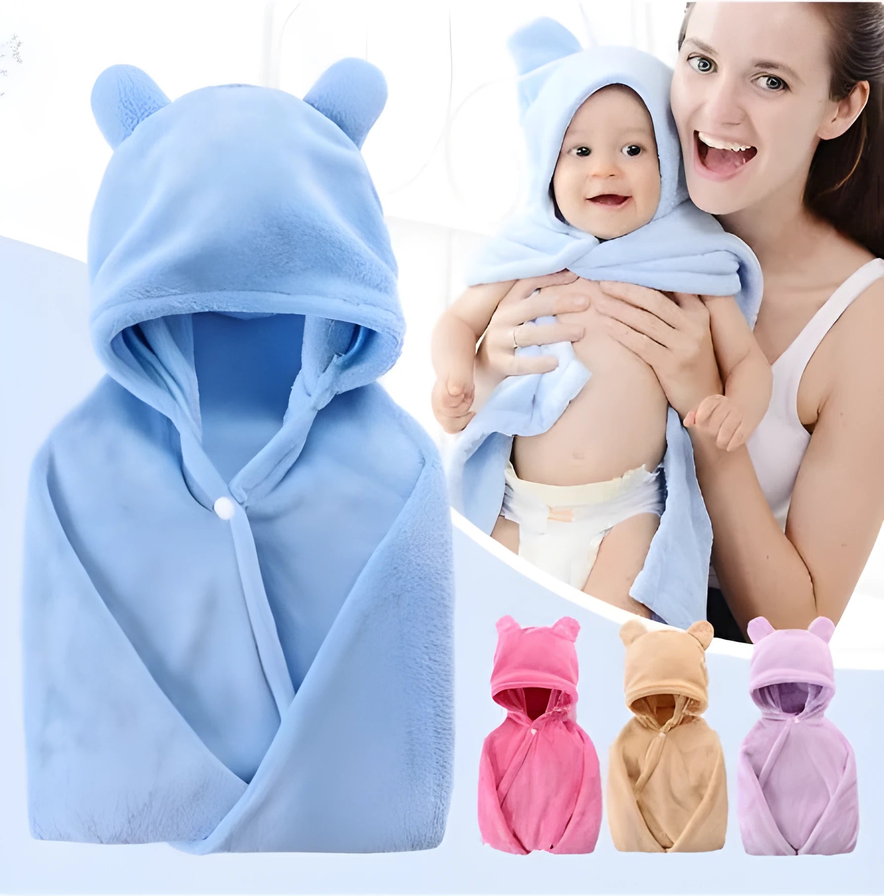 Soft cotton baby care hooded bath towel 65x110cm in pink with hood and border detail