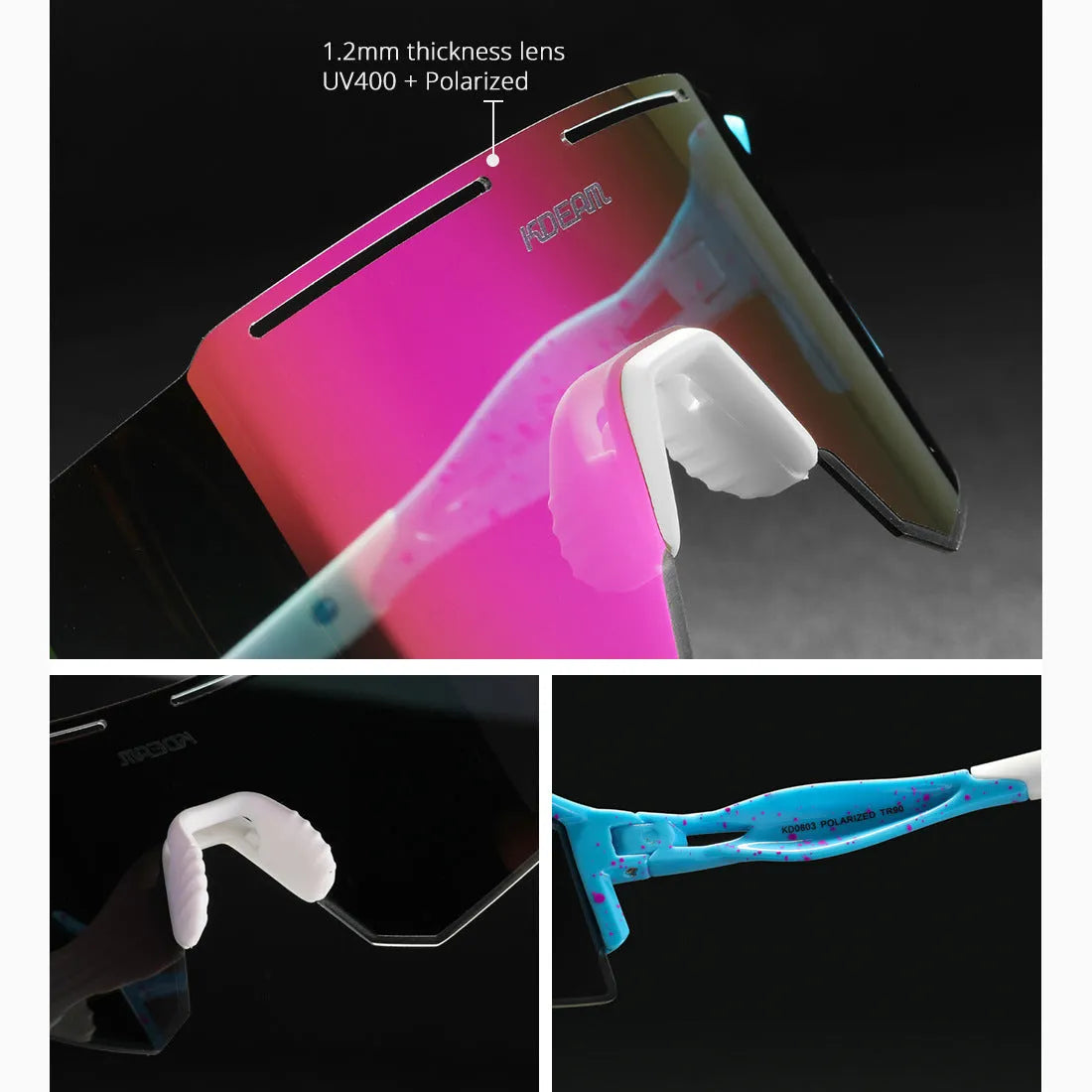 Polarized cycling sunglasses with frameless TR90 frames available in multiple colours