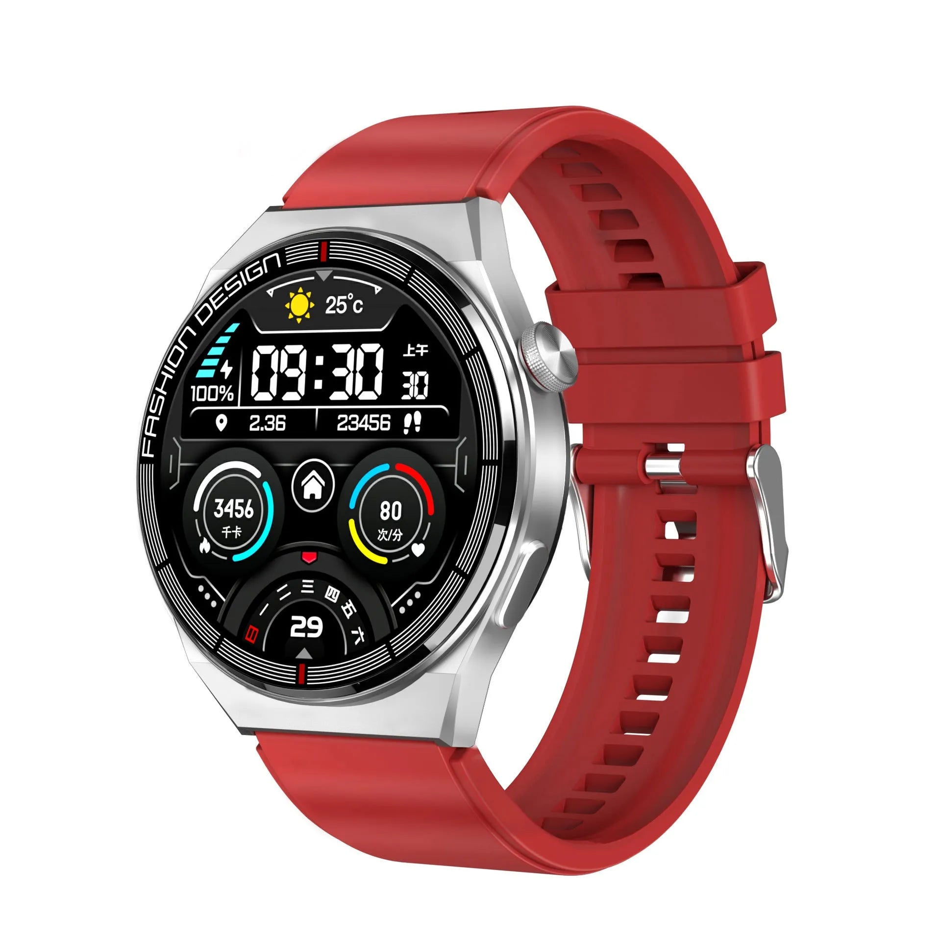 Smartwatch with 1.28-inch display showing health metrics, available in black or silver with silicone or steel straps