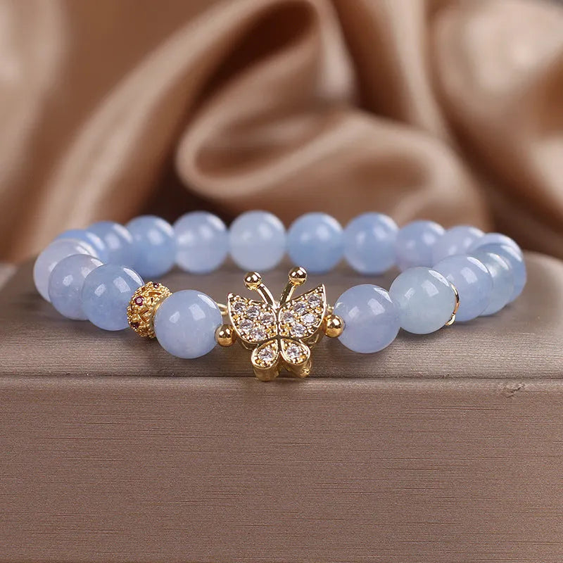 Sky blue butterfly crystal bracelet for women with pearl and rhinestone details