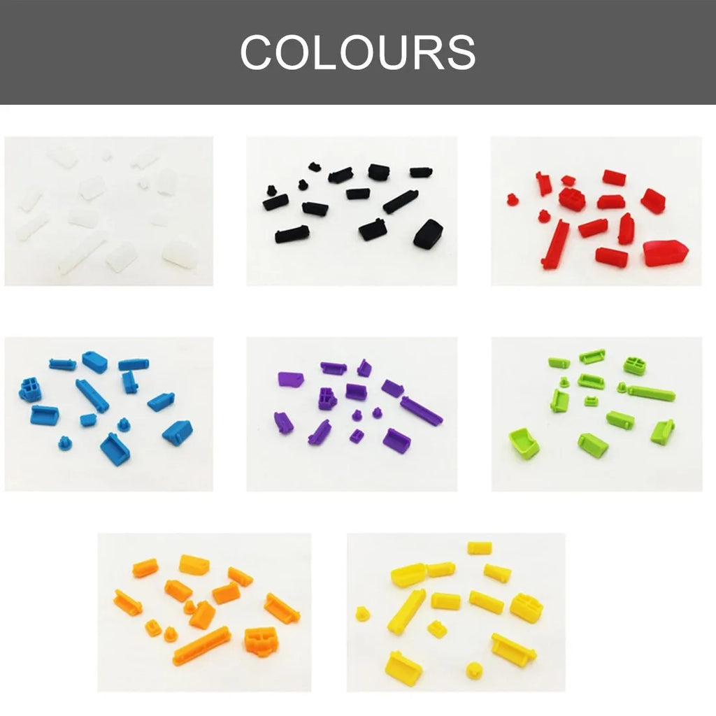 13-piece silicone laptop dust plug set for VGA USB HDMI audio RJ45 SD and 1394 ports in transparent and colours