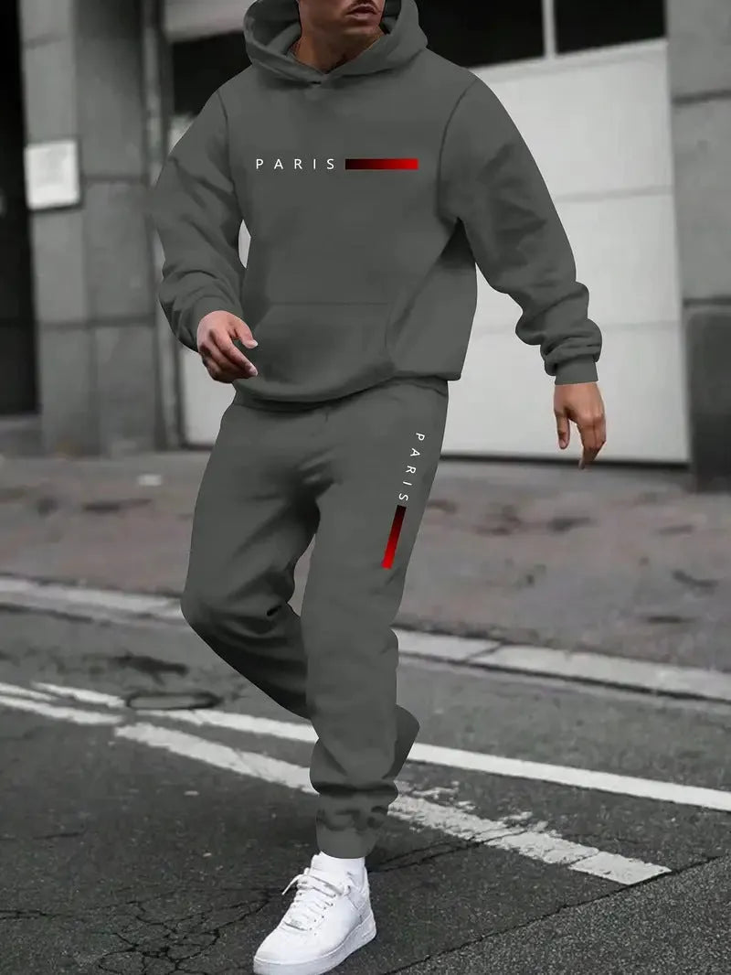 Men's printed hooded autumn tracksuit set with matching trousers in polyester fibre