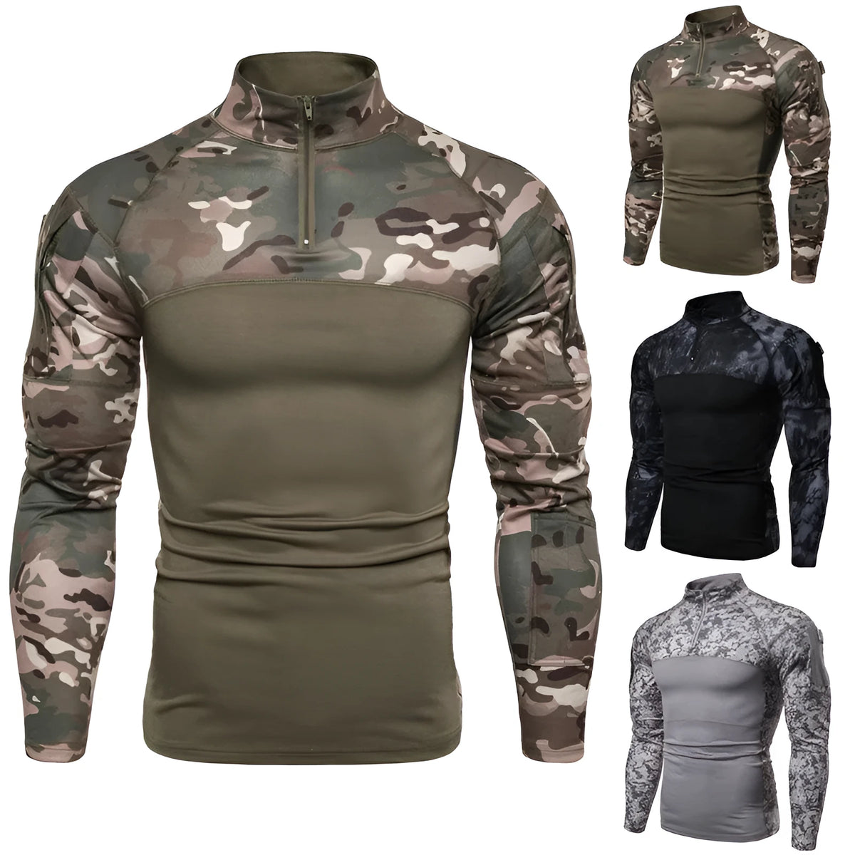 Camouflage panel zipper T-shirt in cotton blend, army green, grey or black, sizes L to XXXL
