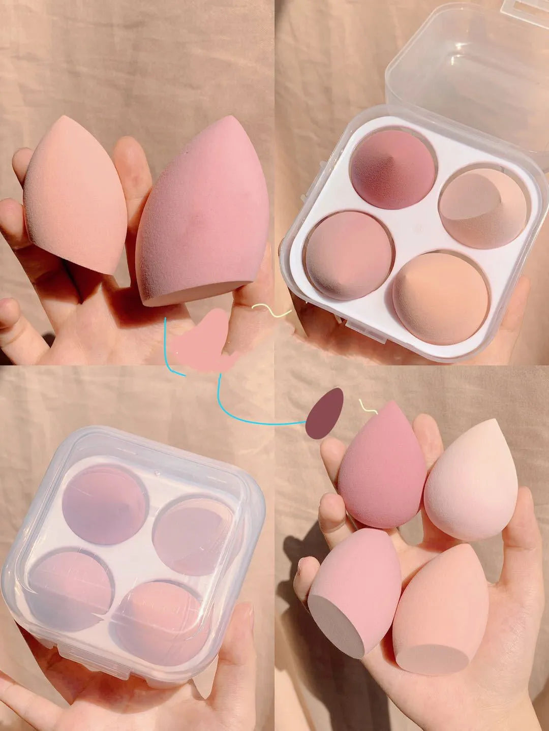 Set of four coloured synthetic makeup sponge eggs in grape, mango, mint, and peach.