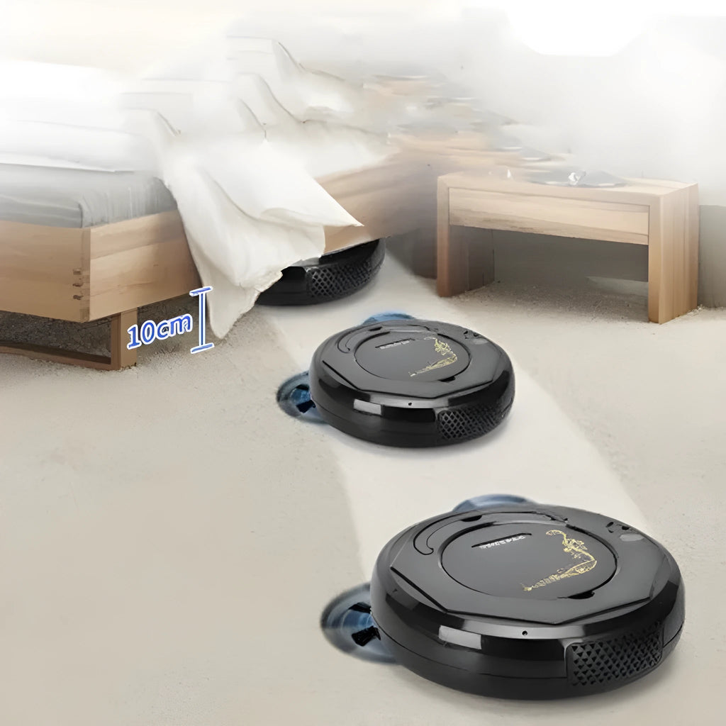 Lazy Smart floor sweeping robot vacuum cleaner in blue, black, or white on a hard floor surface.
