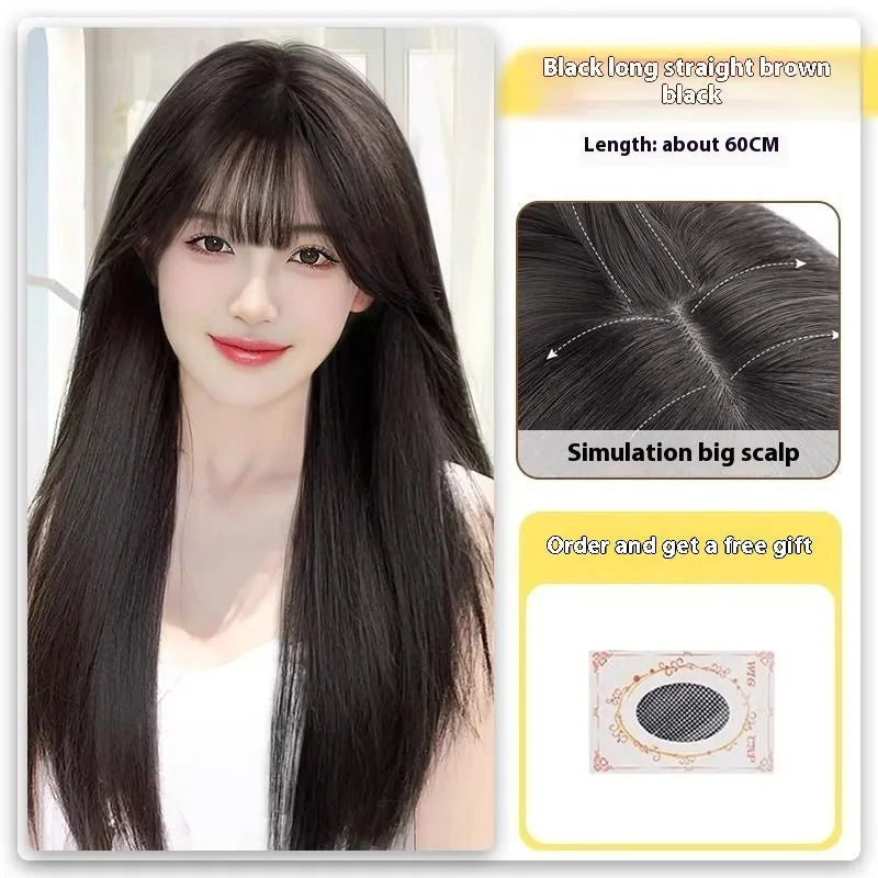 Forehead lace long straight synthetic wig with side bangs in dark brown colour